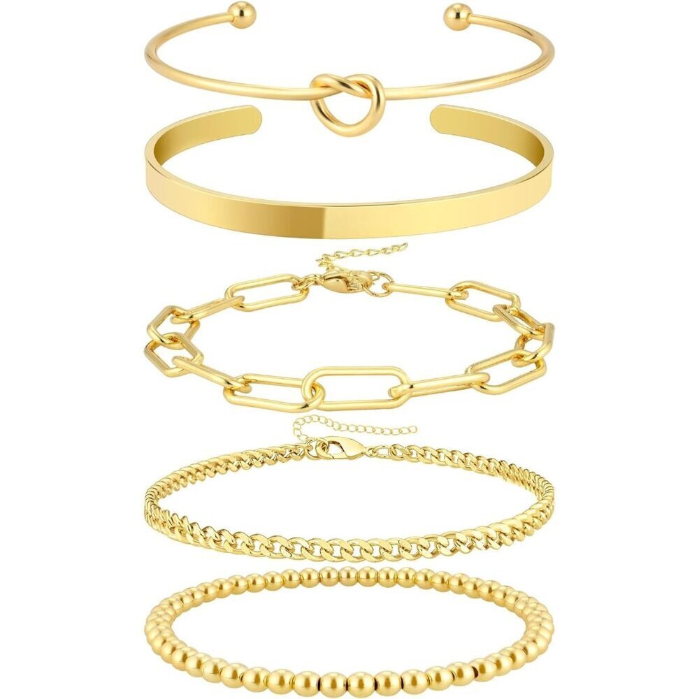 14K Real Gold Plated Bangle Cuff Non Tarnish Trendy Stack Bracelets for Women